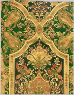 Prägetapete mit goldenen Ornamentdekor und Blüten