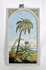 Wandaufteilung im chinoisen Stil: Ausblick in eine Landschaft mit Palme und Ananasstaude