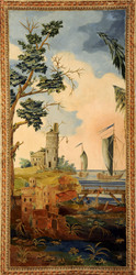 Panoramatapete "Flusslandschaft" handgemalt, Landmalerei, Ruinen vor See mit 2 Booten, 2 Fischer auf Brücke, Handdruckbordüre (Blüten, Mohnkapseln?)