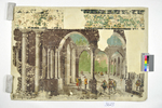 Sockeltapete(?) mit Säulenhalle und Figuren in barocken Gewändern