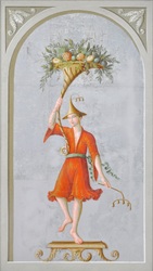 Wandaufteilung in chinoisem Stil: Tänzer in rotem Gewand, mit spitzem Hut, Schellen und Füllhorn
