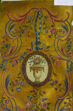 Goldledertapete mit Urnenmotiv und Blumenbändern